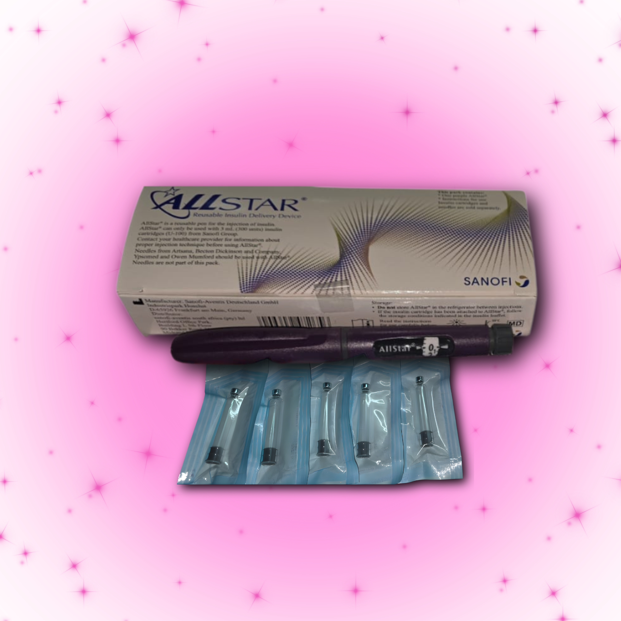 Purple Coloured All Star Reusable Pen with 5 Empty Cartridges plus 5 pen needles